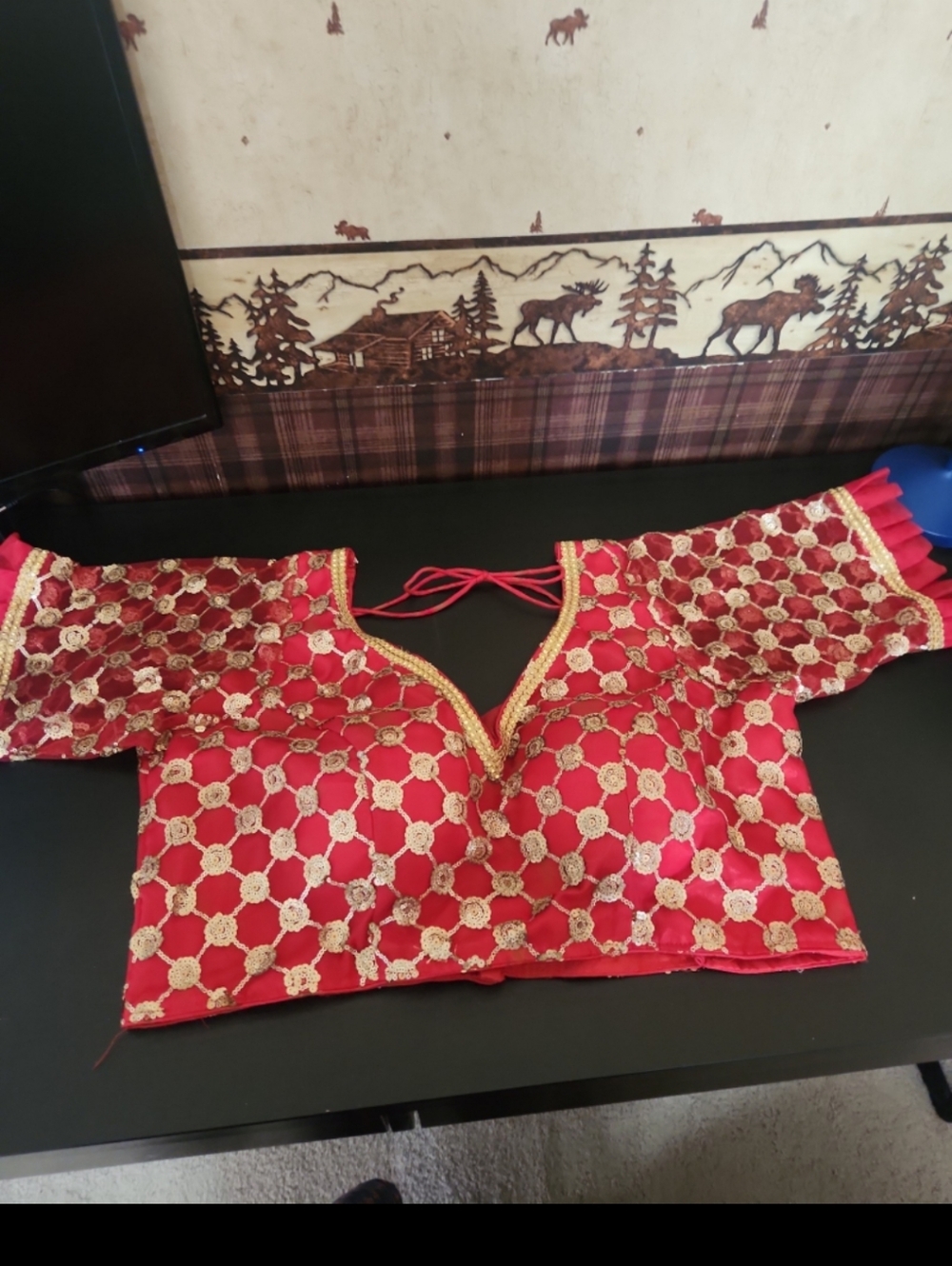 Red & Gold Sequins Padded Blouse (Indian & Pakistani) Size 44.Bollywood Style.